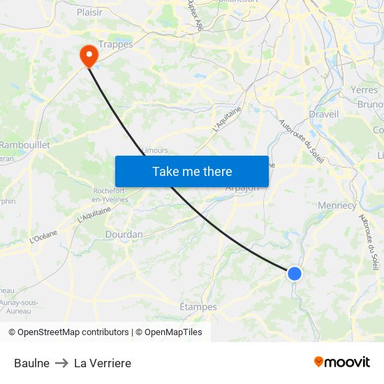 Baulne to La Verriere map