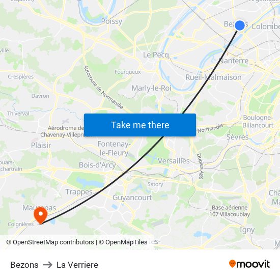 Bezons to La Verriere map