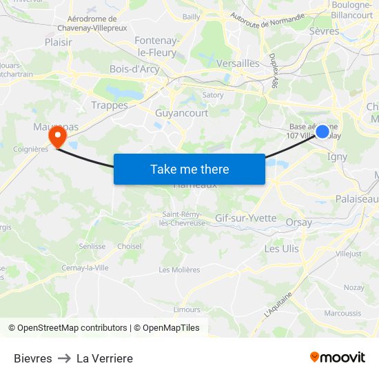 Bievres to La Verriere map