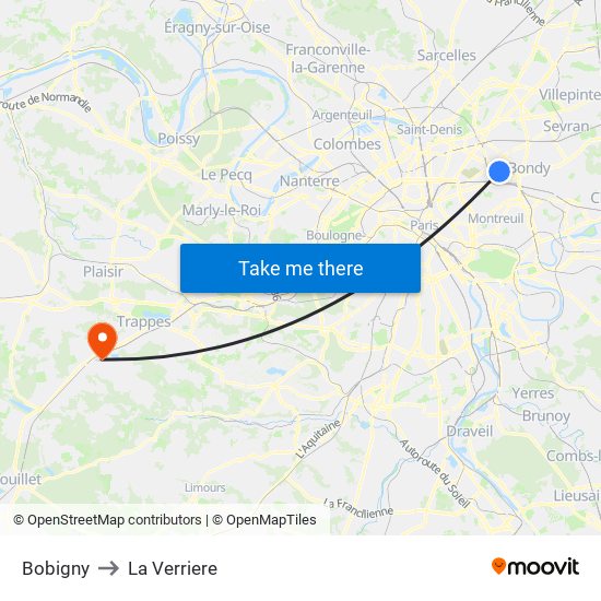 Bobigny to La Verriere map
