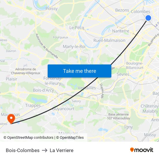 Bois-Colombes to La Verriere map