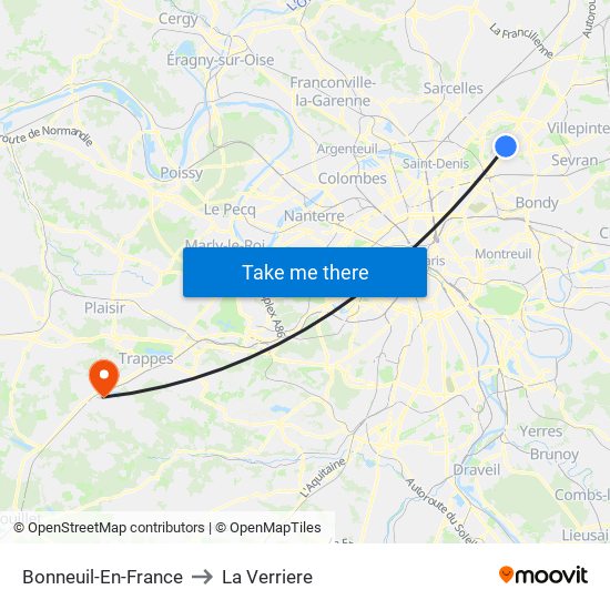 Bonneuil-En-France to La Verriere map
