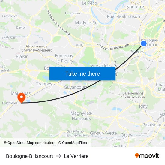 Boulogne-Billancourt to La Verriere map