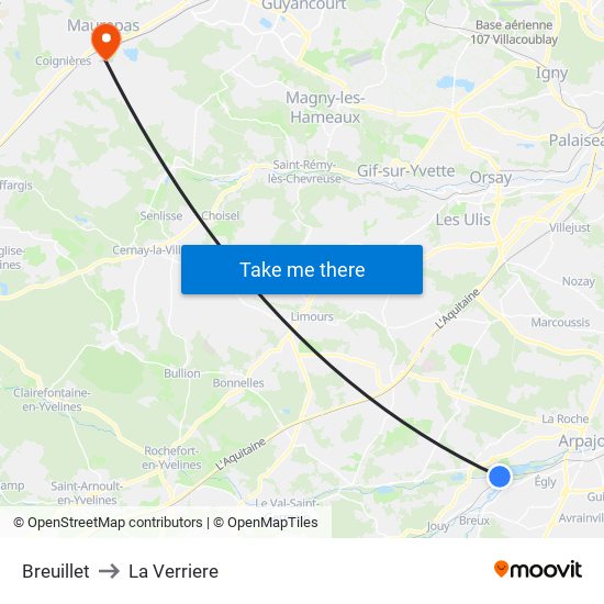 Breuillet to La Verriere map