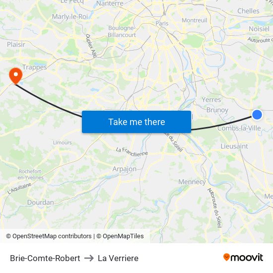 Brie-Comte-Robert to La Verriere map