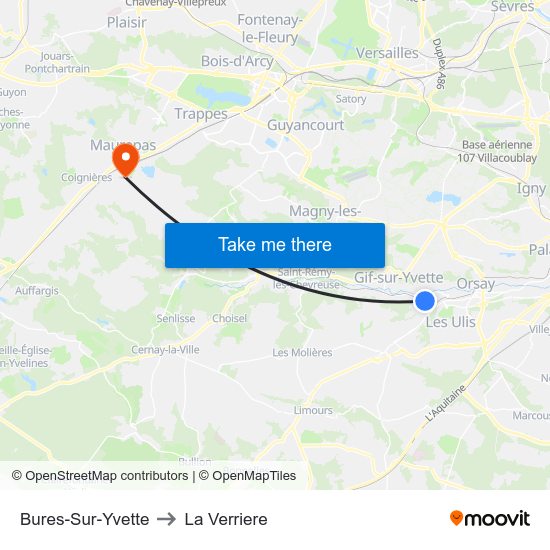 Bures-Sur-Yvette to La Verriere map