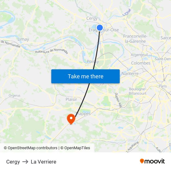 Cergy to La Verriere map