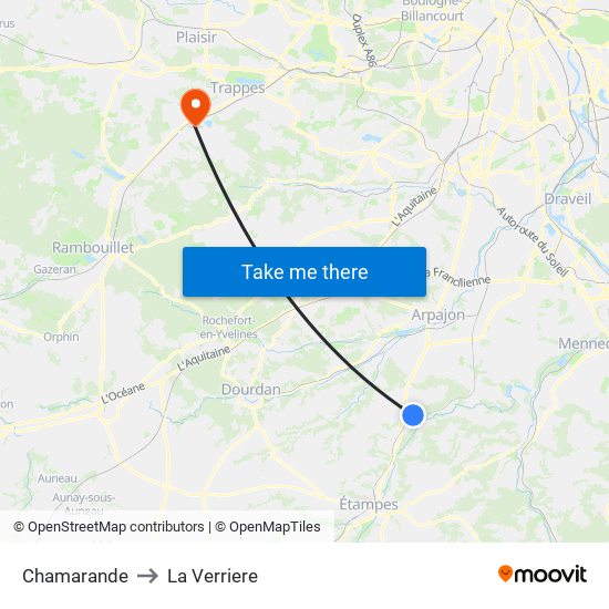Chamarande to La Verriere map
