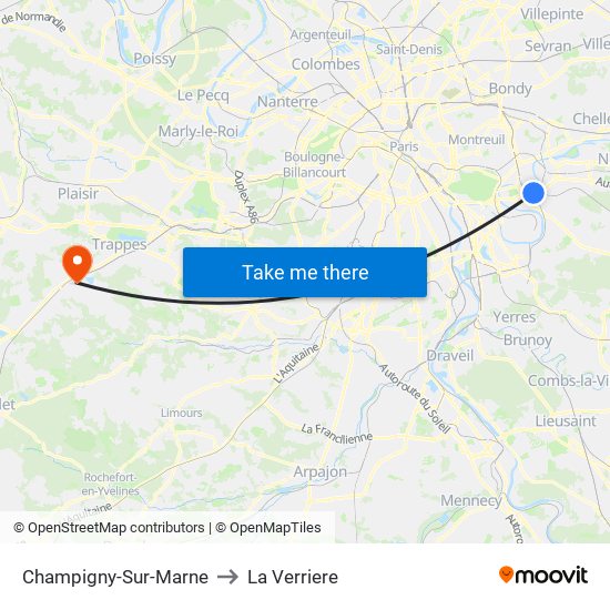 Champigny-Sur-Marne to La Verriere map