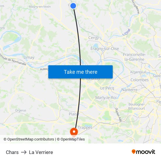 Chars to La Verriere map