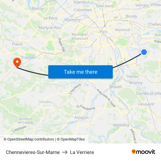 Chennevieres-Sur-Marne to La Verriere map