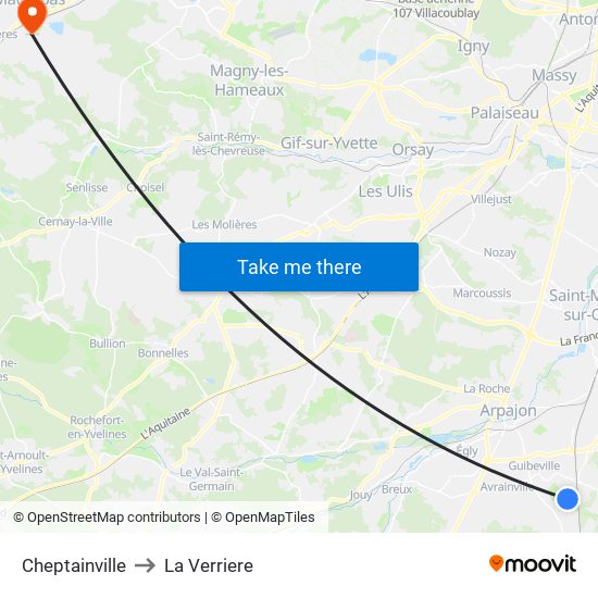 Cheptainville to La Verriere map