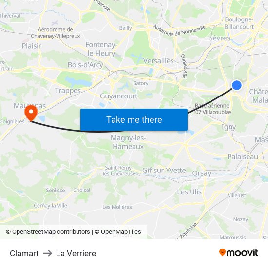 Clamart to La Verriere map