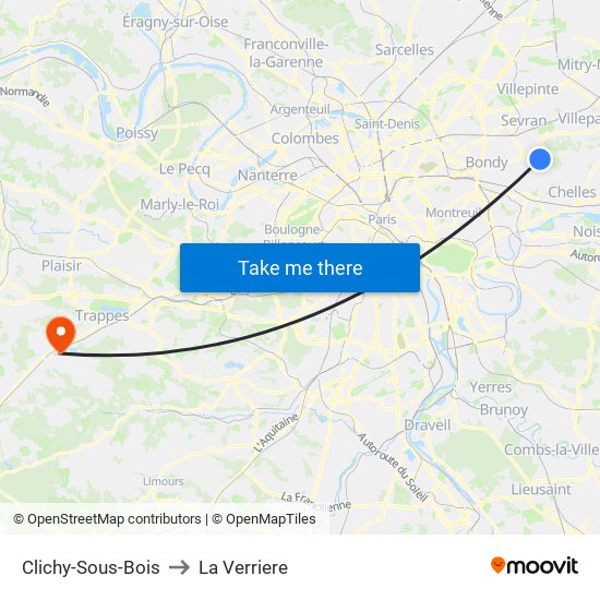 Clichy-Sous-Bois to La Verriere map