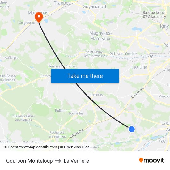 Courson-Monteloup to La Verriere map