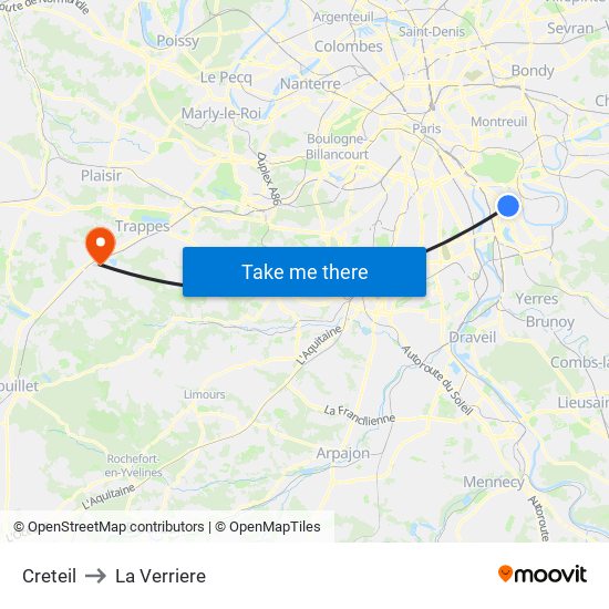 Creteil to La Verriere map