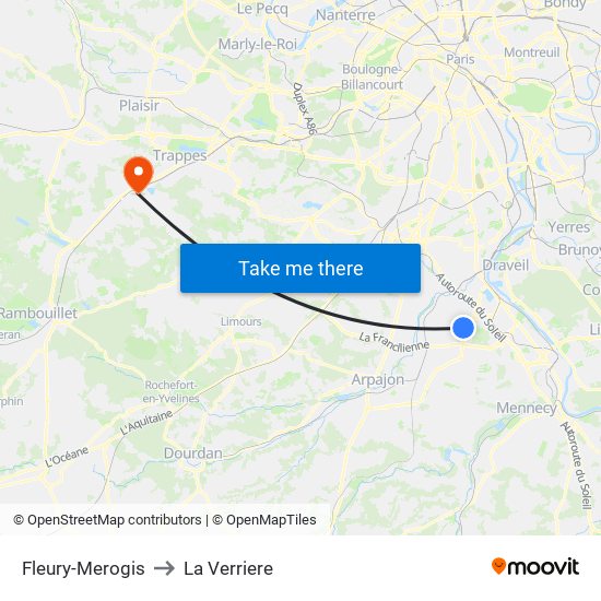 Fleury-Merogis to La Verriere map