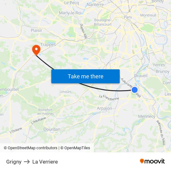 Grigny to La Verriere map