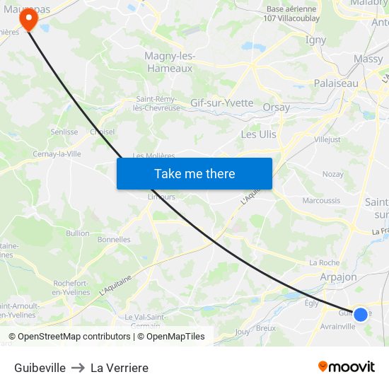 Guibeville to La Verriere map