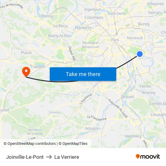 Joinville-Le-Pont to La Verriere map
