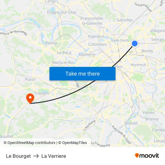 Le Bourget to La Verriere map
