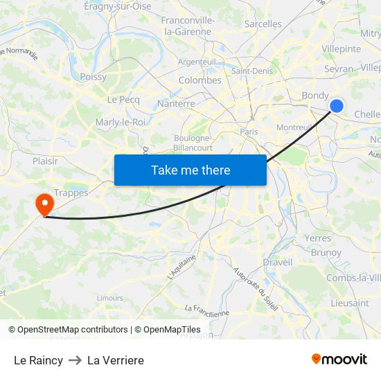 Le Raincy to La Verriere map