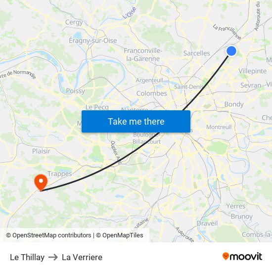 Le Thillay to La Verriere map