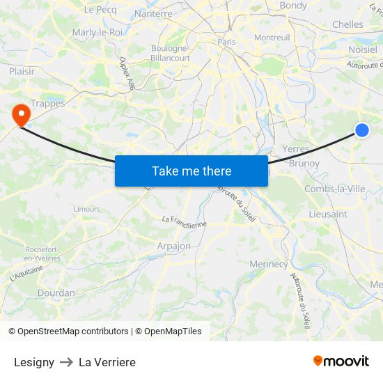 Lesigny to La Verriere map