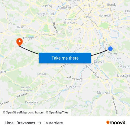 Limeil-Brevannes to La Verriere map