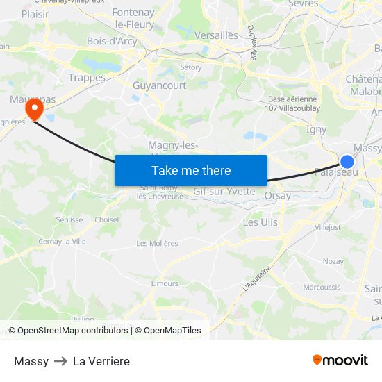 Massy to La Verriere map