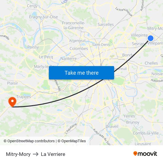Mitry-Mory to La Verriere map