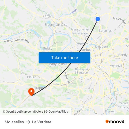 Moisselles to La Verriere map