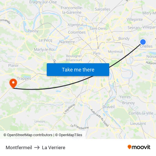 Montfermeil to La Verriere map