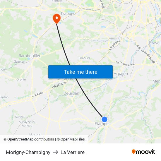 Morigny-Champigny to La Verriere map