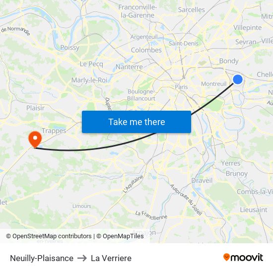 Neuilly-Plaisance to La Verriere map