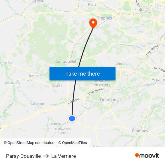 Paray-Douaville to La Verriere map