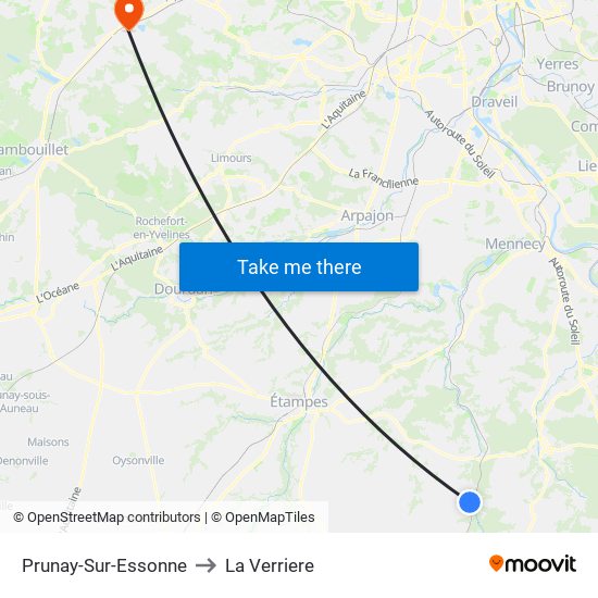 Prunay-Sur-Essonne to La Verriere map