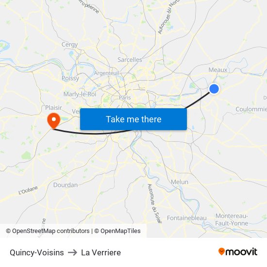 Quincy-Voisins to La Verriere map