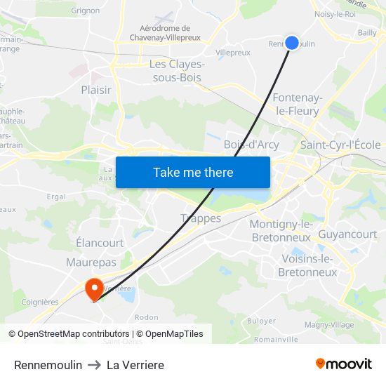Rennemoulin to La Verriere map