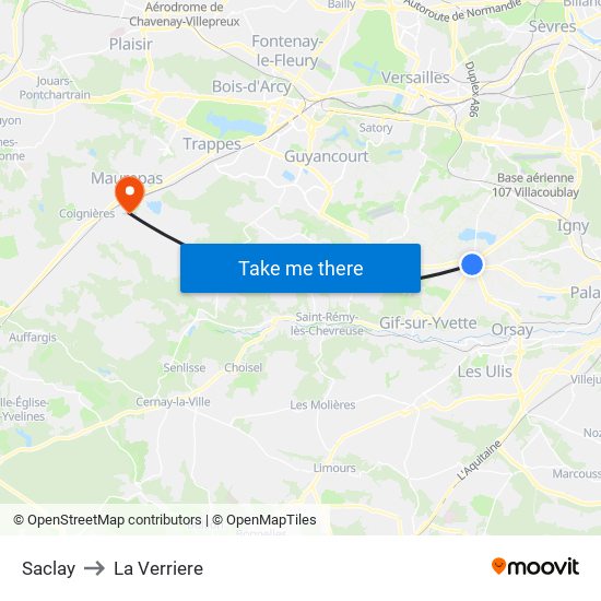 Saclay to La Verriere map