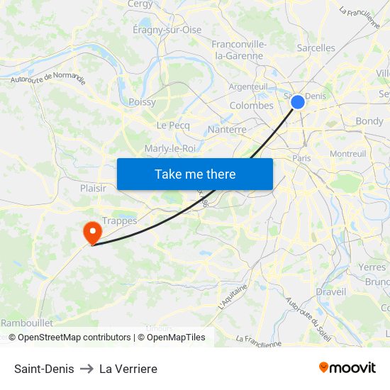 Saint-Denis to La Verriere map