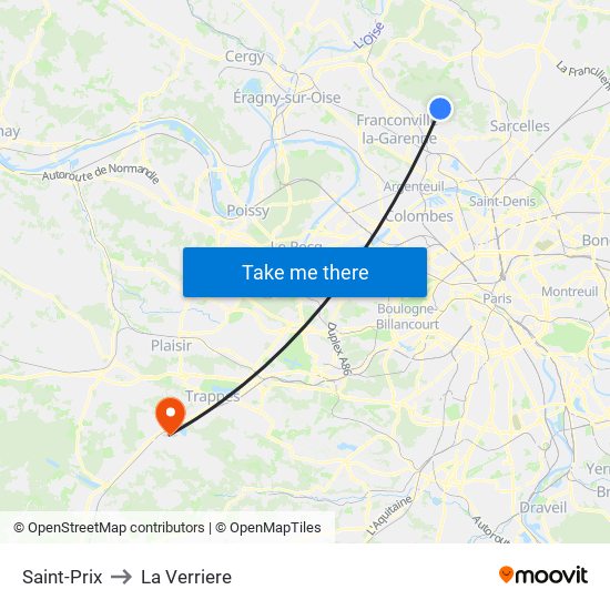Saint-Prix to La Verriere map