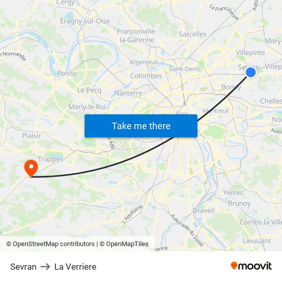 Sevran to La Verriere map