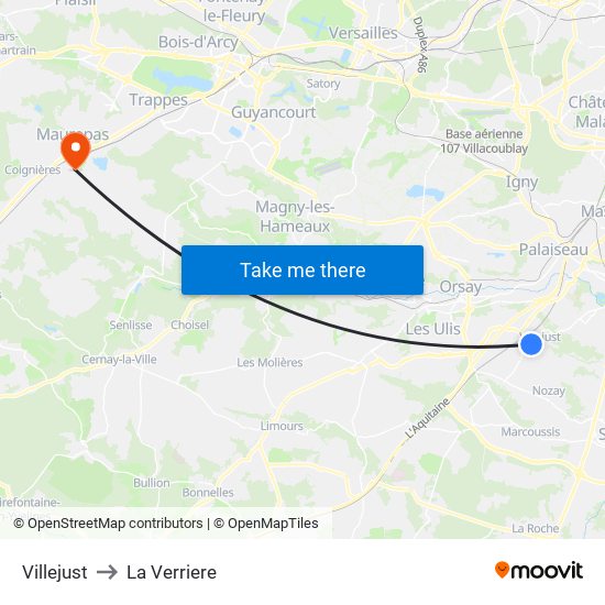 Villejust to La Verriere map