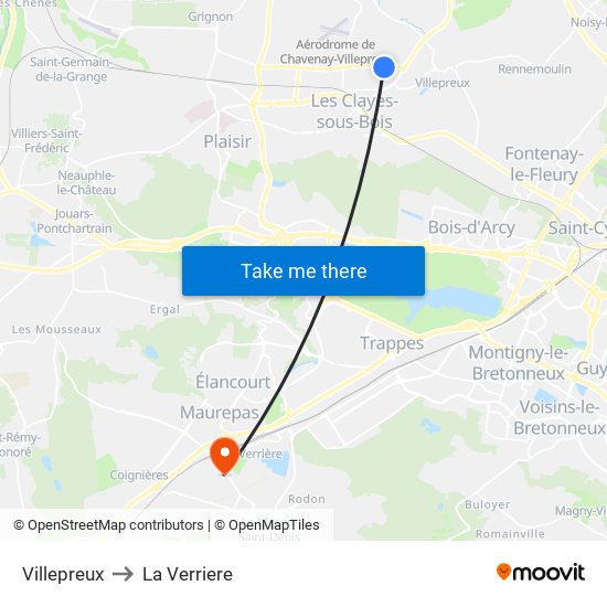 Villepreux to La Verriere map