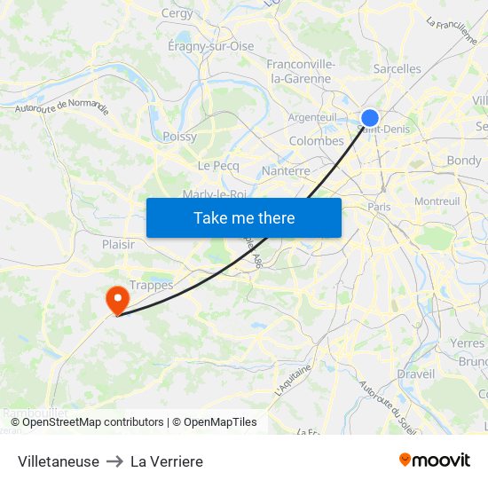 Villetaneuse to La Verriere map