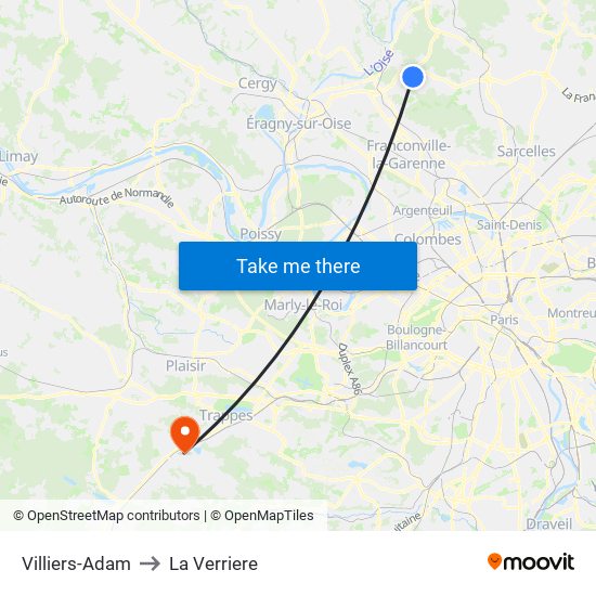 Villiers-Adam to La Verriere map