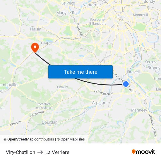 Viry-Chatillon to La Verriere map