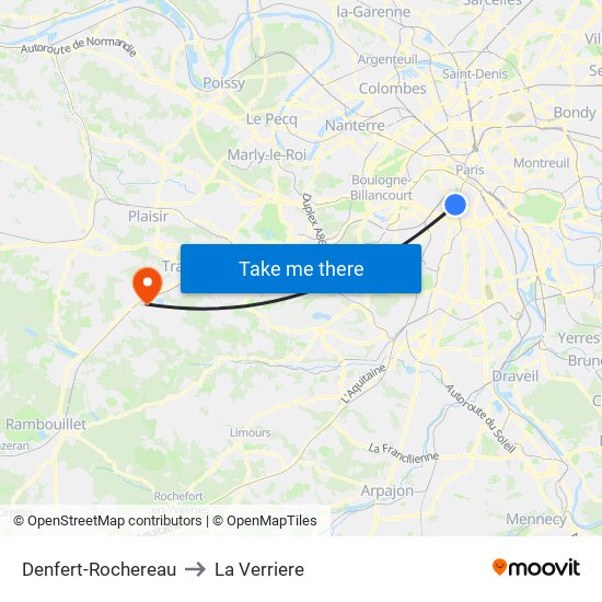 Denfert-Rochereau to La Verriere map