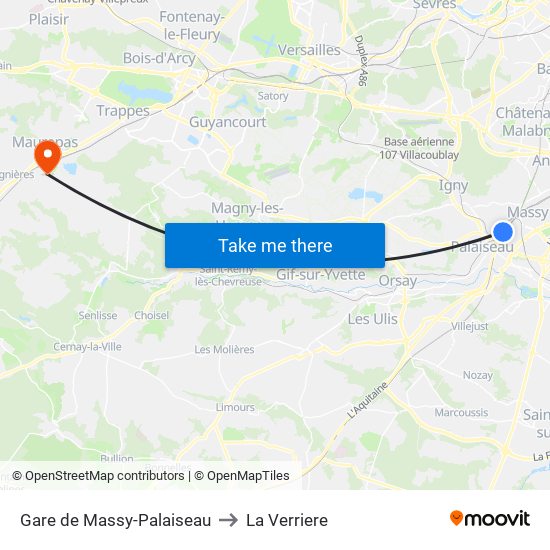 Gare de Massy-Palaiseau to La Verriere map